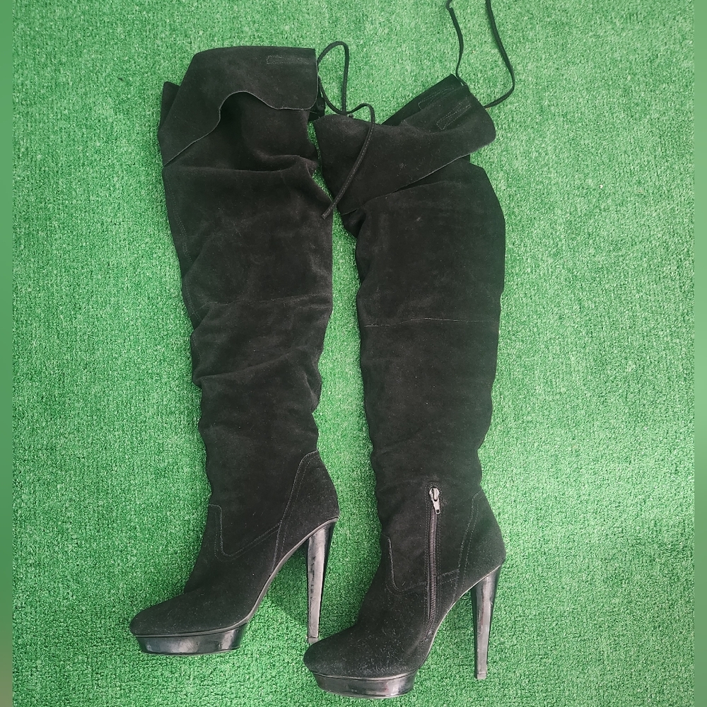 Xenon Women's Black Leather Knee High Suede Boots